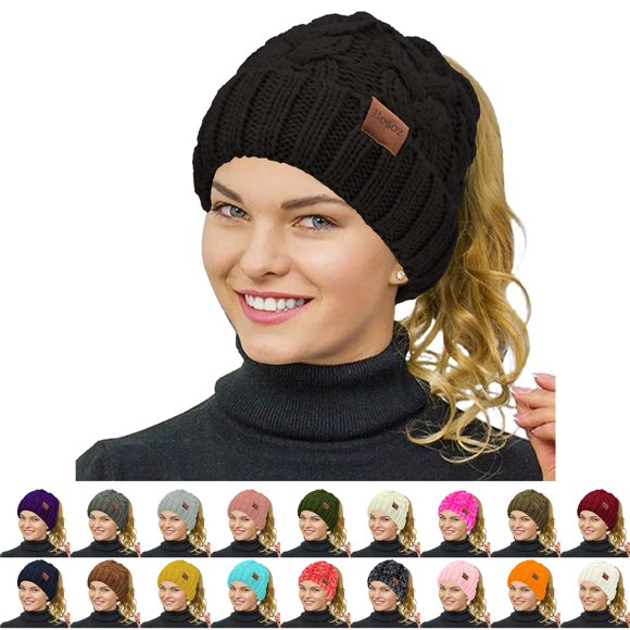 Rosoz Ponytail Beanie for Women,Winter Warm Beanie Tail Soft Stretch Cable Knit Messy High Bun Hat