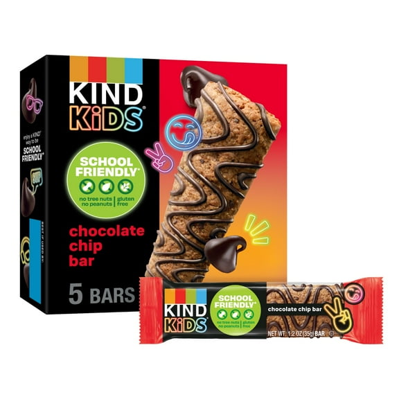 KIND Kids Snacks, Chocolate Chip Bar, Tree Nut and Peanut Free, Gluten Free, Whole Grains and Oats, 5g Protein, 5 Count
