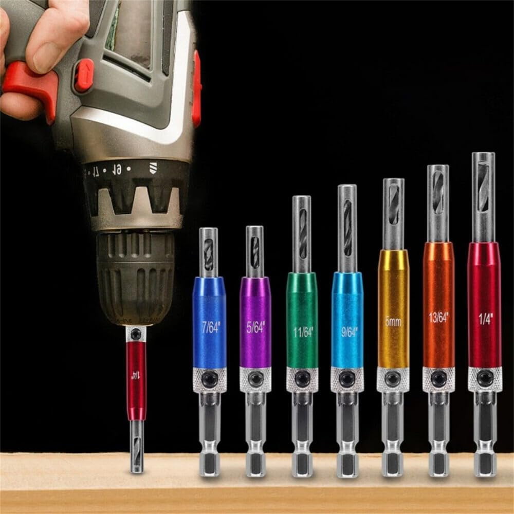7Pcs Self Centering Drill Bit Set, Center Drill Bit Set With Hex Wrench, 2 Side Holes, Automatic Positioning Center Drill Sleeve, Woodworking Drill Bit Kit Set