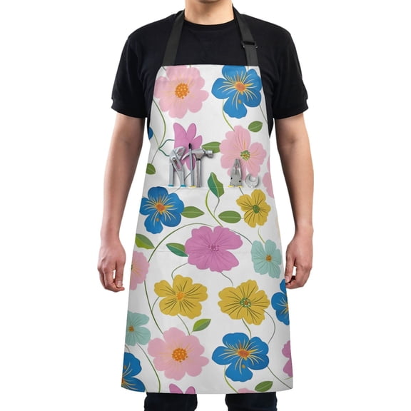 Colorful Pastel Flowers Kitchen Apron with 2 Pockets Adjustable waterproof Cooking Aprons for Women Men Chef
