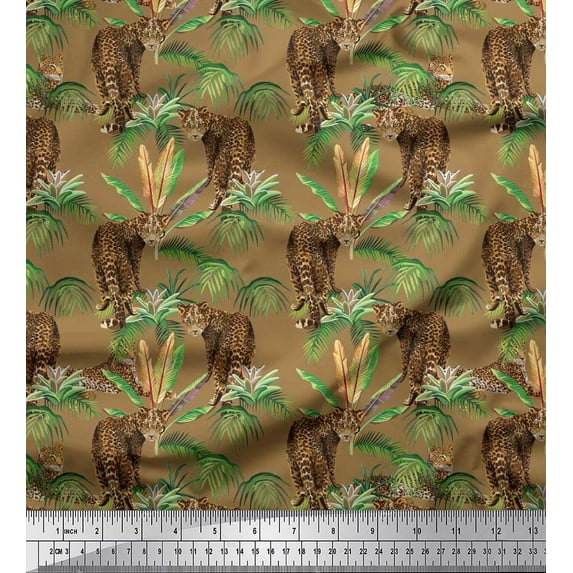 Soimoi Rayon Fabric Leaves & Leopard Jungle Print Fabric by Yard 56 Inch Wide