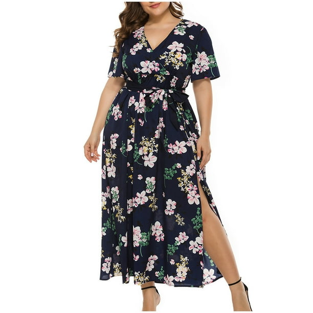 Moda mujer sexy manga corta cuello pico profundo bolso largo cadera vestido de talla grande Pompotops ghjkhdj17795