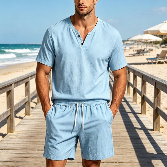 Cagogo Men's 2 Piece Outfits V Neck Short Sleeve T Shirt Elastic Waist Shorts Summer Casual Lounge Matching Sets Solid Basic Tracksuit Travel, Sky Blue L