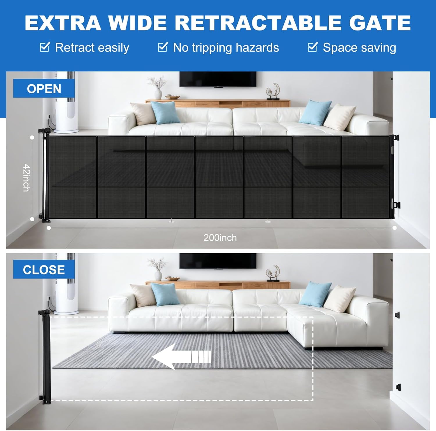 Magicorange Retractable Pet Gate, Extra Wide 200 in Wide x 42 in Tall Extra Tall Retractable Fence Outdoor for Indoor & Outdoor, Black