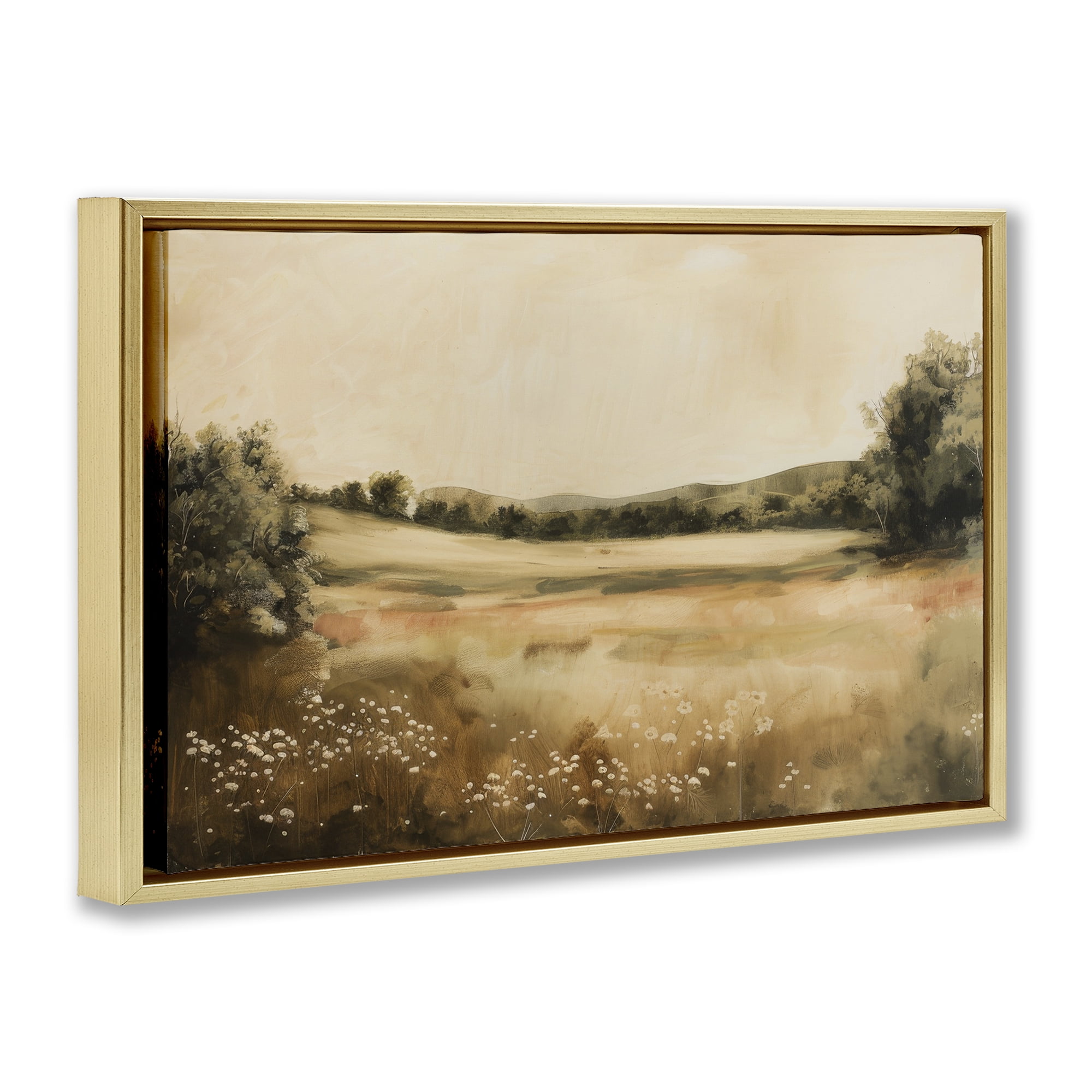 Stupell Industries Neutral Meadow Landscape Landscape & Nature Painting Gold Floater Framed Canvas Art Print Wall Art, 25 x 17