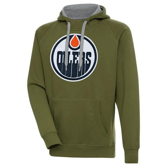 Men's Antigua Olive Edmonton Oilers Victory Pullover Hoodie