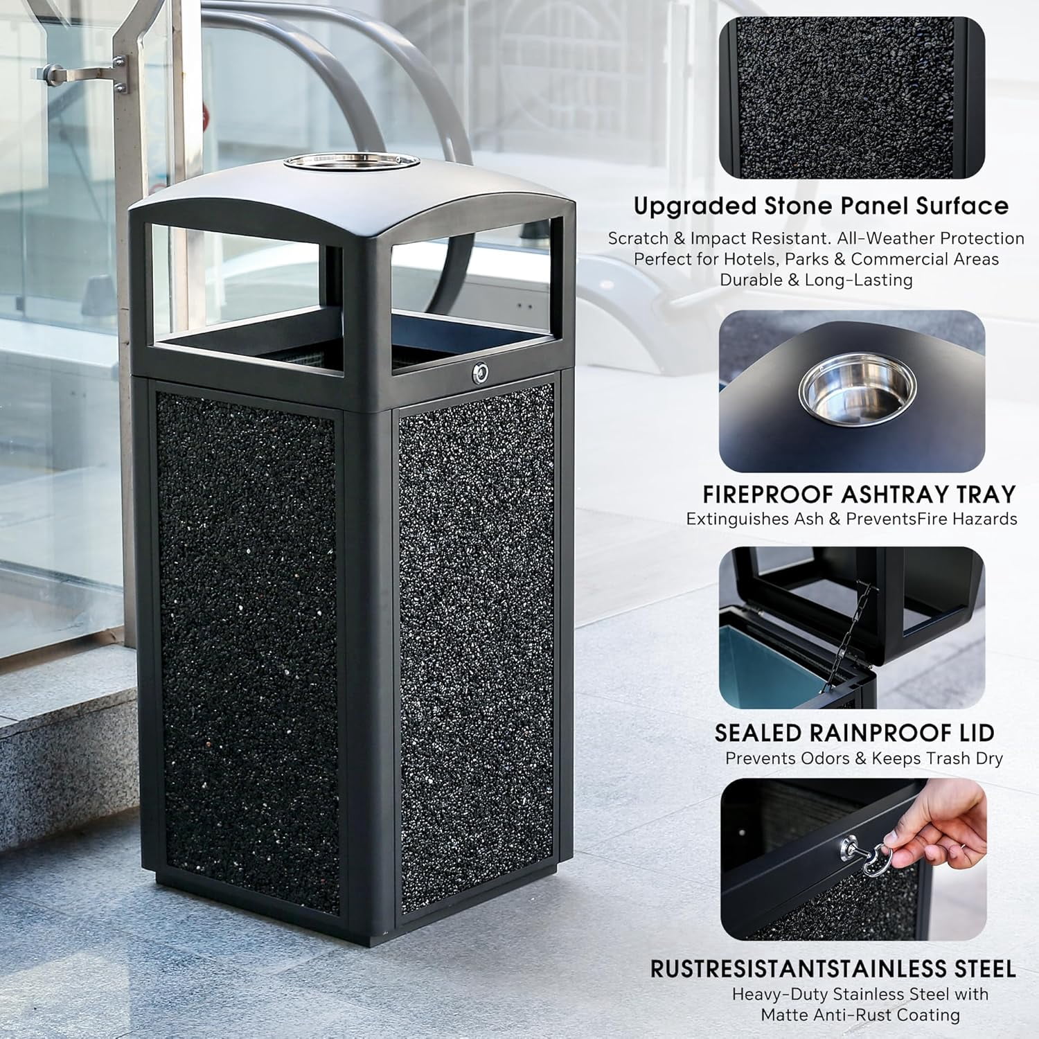 BERPET 15 Gallon Commercial Outdoor Trash Can with Ashtray Top, Steel Waste Receptacle with Stone Panels, Removable Liner and Locking Door