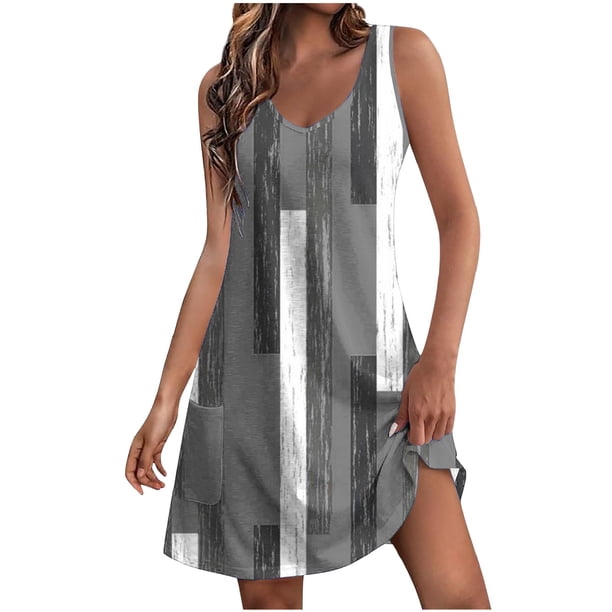 Vestido de Verano para Mujeres, Vestido Casual de Cuello en V sin Mangas de Impresión de Bolsillo de Moda Hecho de Poliéster Ligero para Primavera Verano, Vestido de Verano Casual