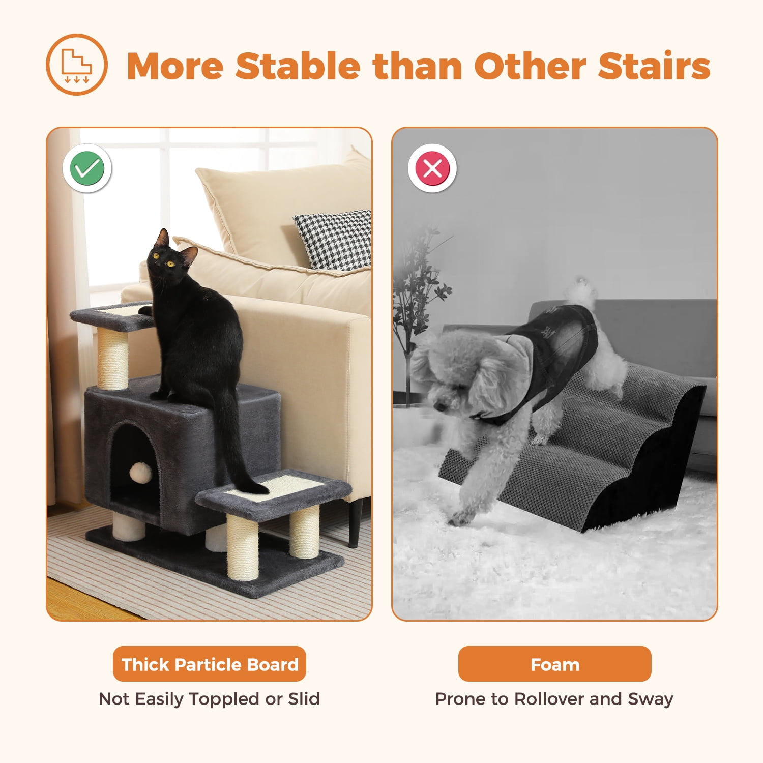 PAWZ Road 21.3" Dog Stairs with Scratching Post 3-Step Pet Stairs with Cat Condo for Small Dog Dark Gray