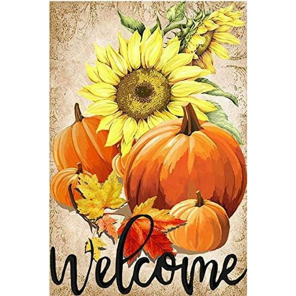 Pumpkin Sunflowers House Flag 28 x 40 Inch - Welcome Fall Garden Flag Decorative House Yard Double Sided Flag for Indoor & Outdoor Autumn Thanksgiving Day Decoration