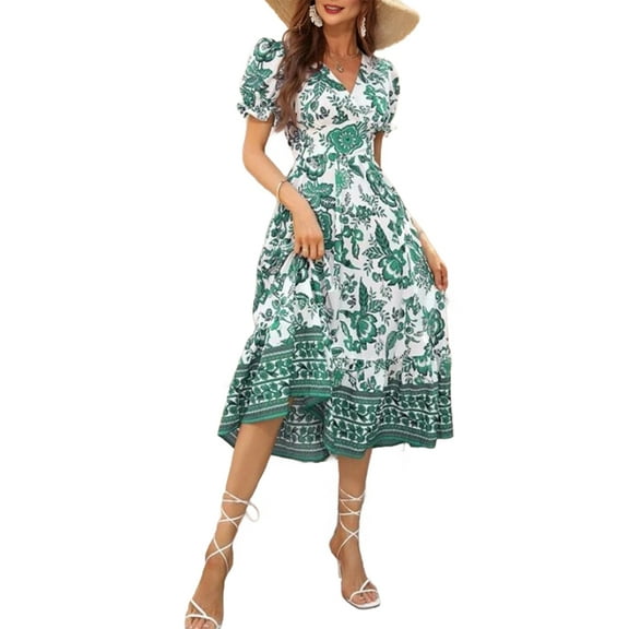 Women'S 2025 Summer Puff Sleeves Boho Floral Print Casual Flowy Long Maxi Dress Green M
