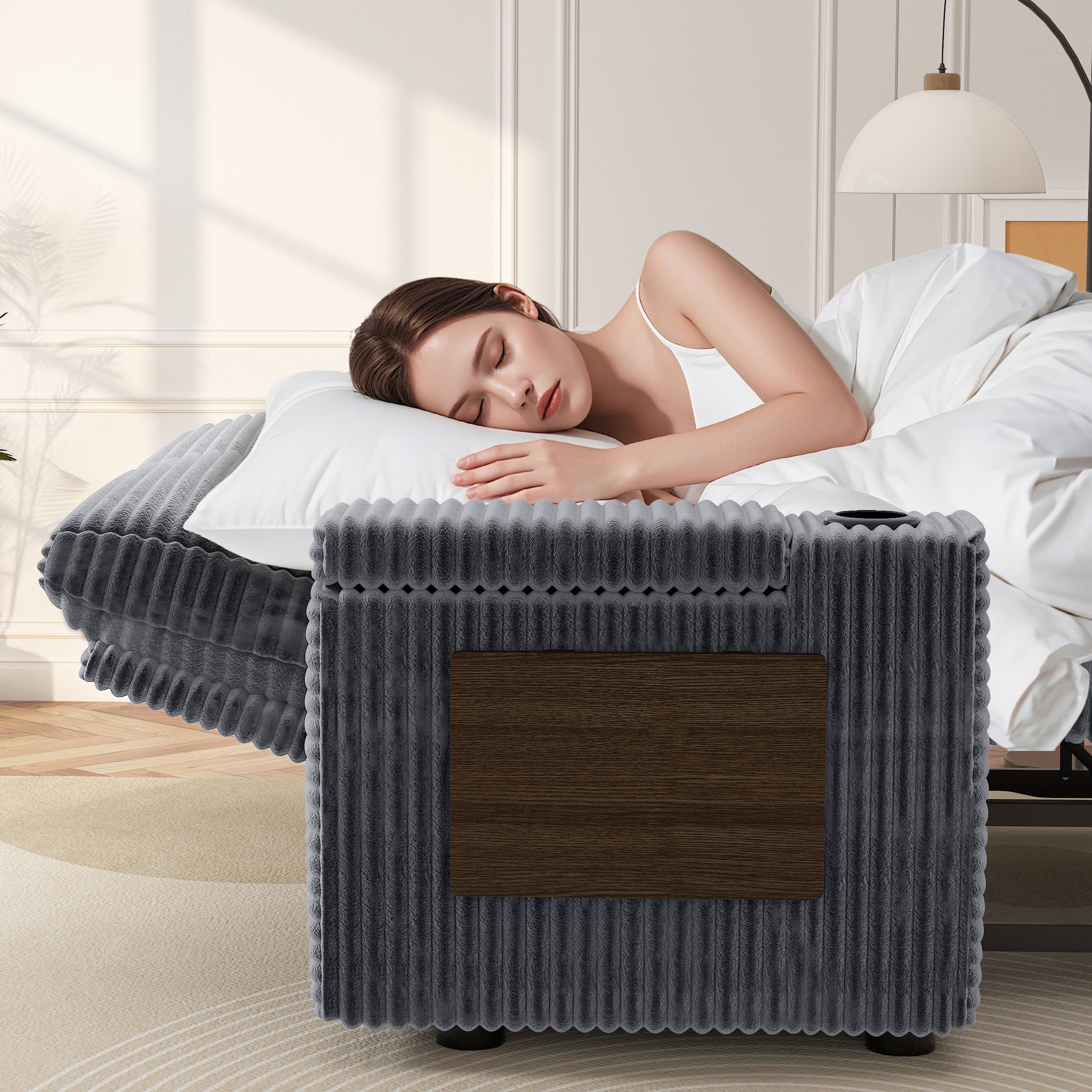 65" Multifunctional Plush Corduroy Loveseat Sleeper Sofa with Pull-Out Bed, Adjustable Backrest, USB Charging Ports, Cup Holders, Side Table & Storage Armrests, Easy Assembly