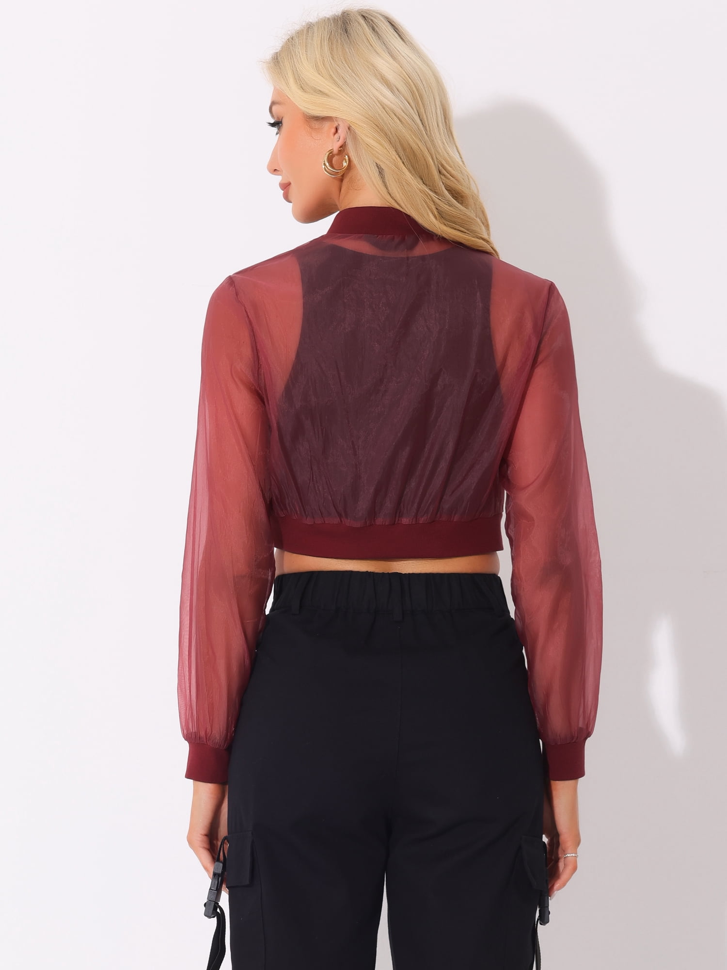 DARING DIVA Crop Bomber Casual Lightweight Zip Up Jackets M Burgundy
