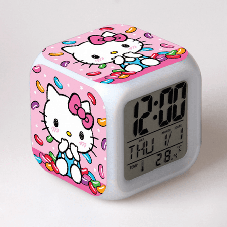 Hfnggwee Digital Alarm Clock for Kids, Cartoon Hello Kitty Pattern 7 LED Color Changing Wake Up Clock with Thermometer Function and Night Light, Gift for Boys Girls A93-465 NZ113-1361