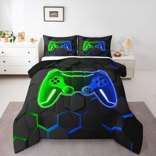 Manfei Ensemble de Douillette pour Adolescent Garçon Gamer, Ensembles de Douillette Simple Console de Jeu, Ensemble de Literie Nid d'Abeille Dégradé Vert Bleu, Décor de Chambre Léger Réversible 2 Pcs