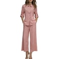 thumbnail image 3 of Laqbezok Women's Cotton Linen 2-Piece Set, Casual 3/4 Sleeve Button Down Shirt and Wide Leg Pants Outfit, Loose Fit Solid Color Summer Lounge Tracksuit with Pockets, 3 of 6