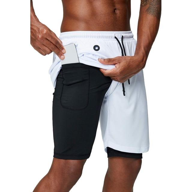 Pinkbomb Pantalones cortos para correr 2 en 1 para hombre, pantalones cortos para gimnasio, entrenamiento, secado rápido, con bolsillo para teléfono (blanco, XXL)