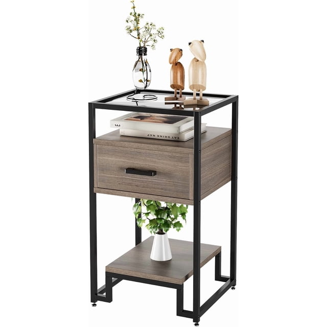 Qinaqin Marrón Nightstand End Mesa 3-Tier Almacenamiento Cajón Tempered Vidrio Top Steel Frame Easy Assembly para Dormitorio o cm de Profundidadorm