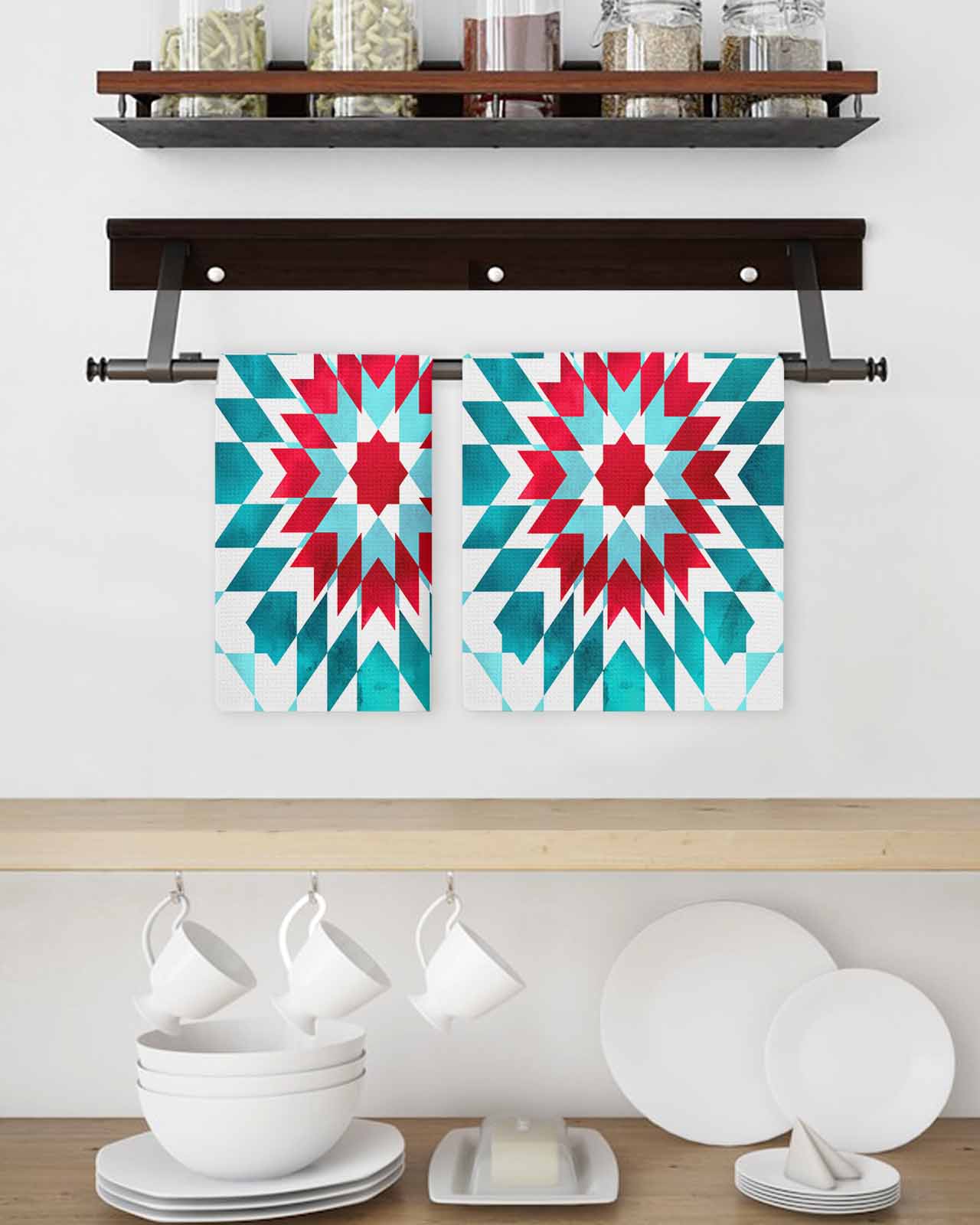 Red Turquoise Boho Kitchen Dish Towels for Drying Dishes Set of 2, Ethnic Tribal Aztec Abstract Geometric Waffle Weave Microfiber Terry Hand Tea Bathroom Towels Quick Dry & Absorbent Towel 15.7x23.6