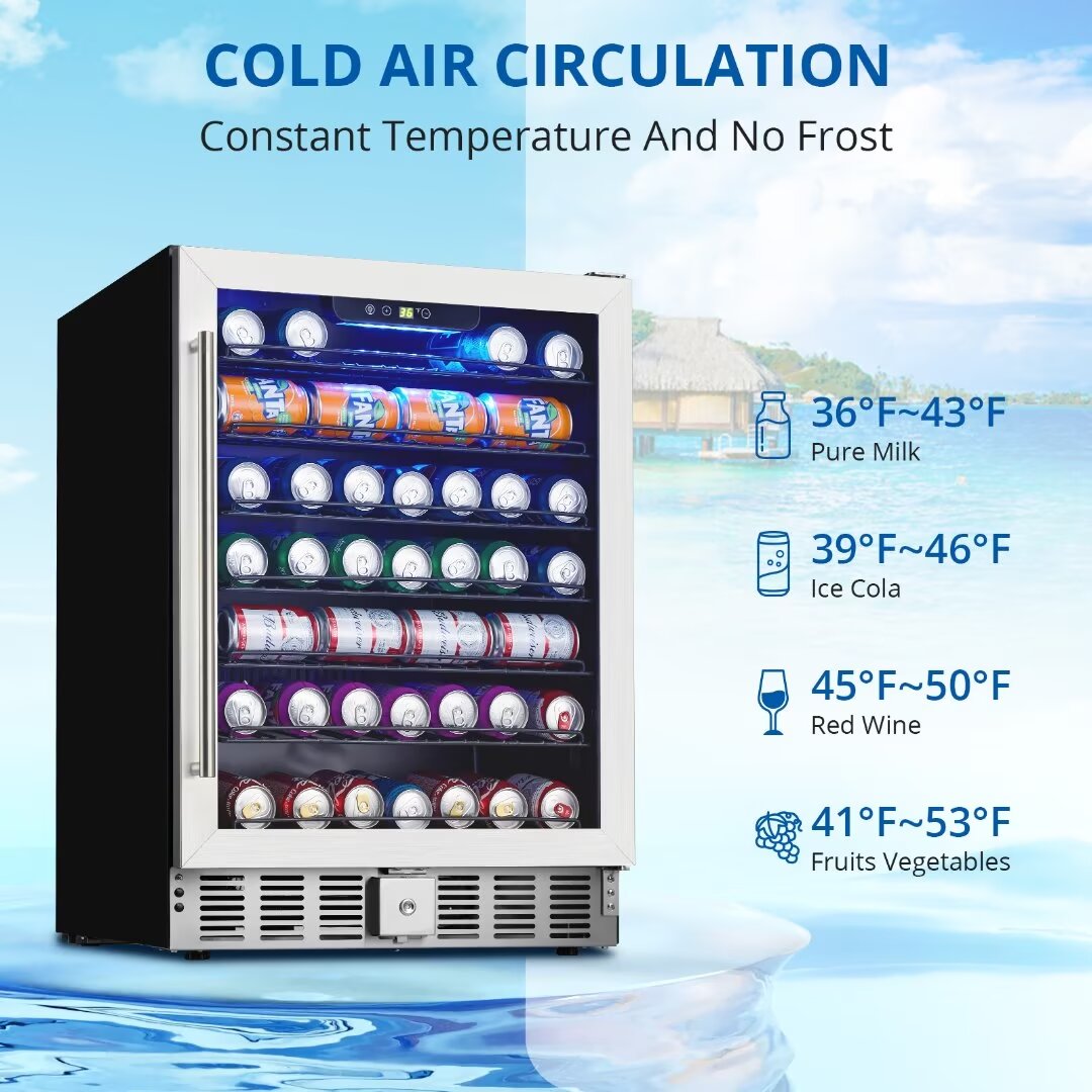Beverage Refrigerator 24 Inch, Beverage Cooler 166 Cans Built-in Design, Under Counter Beer Fridge with Glass Door for Soda, Wine, Water