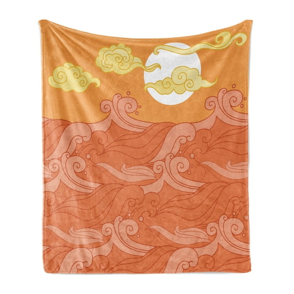 Waves Soft Flannel Fleece Throw Blanket, Sun and Clouds with Surreal Splashes Spiraling Motifs, Cozy Plush for Indoor and Outdoor Use, 60" x 80", Apricot Burnt Sienna, by Ambesonne