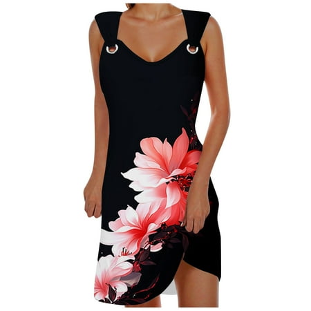 Blphud Women s Dresses Casual Floral Dress Women s Suspender Metal Ring Loose Middle Skirt Women s Printed Casual Dress Sweater Dress Women s Summer Maxi Dress Hot Pink XXL