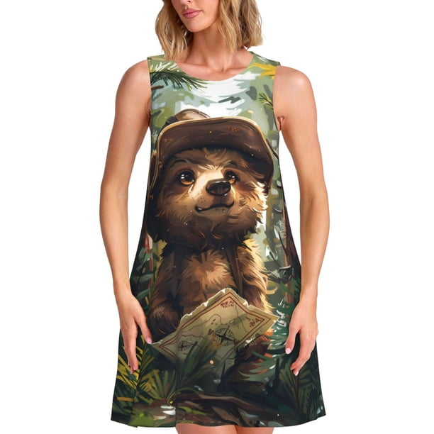 Balery Jungle Hat Bear Vestidos de verano para mujer con estampado: vestido holgado sin mangas, vestido playero informal y cómodo para días calurosos.