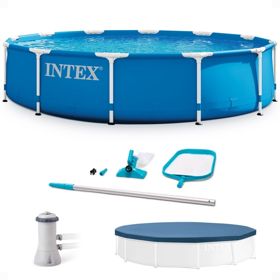 INTEX 12'x30" Metal Frame Above Ground Pool, Filter, Cover & Cleaning Kit