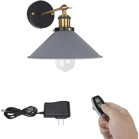 

FSLiving Battery Operated Wall Sconce Rechargeable Battery Run Low-Volt Safe LED Remote Control No Wire Adjustable Angle Grey Wall Light Antique Design for Corridor Loft Dorm Bulb Included-1 Pack
