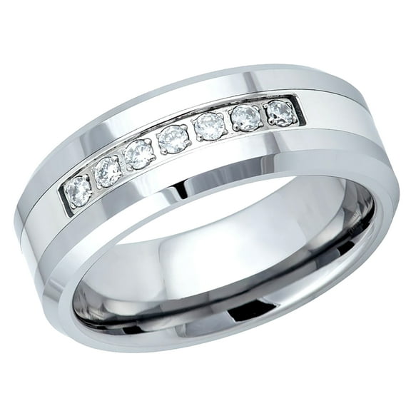 Men's Women's Tungsten Wedding Band Engagement Ring 8mm High Polished Beveled Edge with Prong-set 7 Round CZ