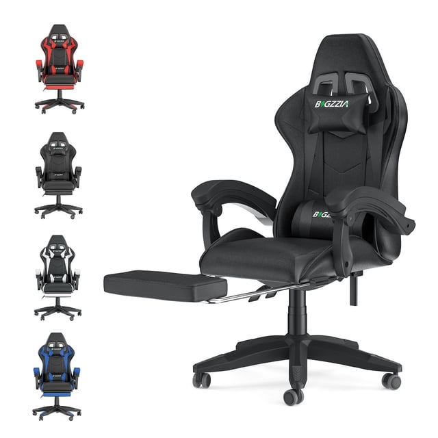 Bigzzia Gaming Chair with Footrest, Computer Chair with Lumbar Support Height Adjustable with 360°-Swivel Seat and Headrest for Office or Gaming(Black)