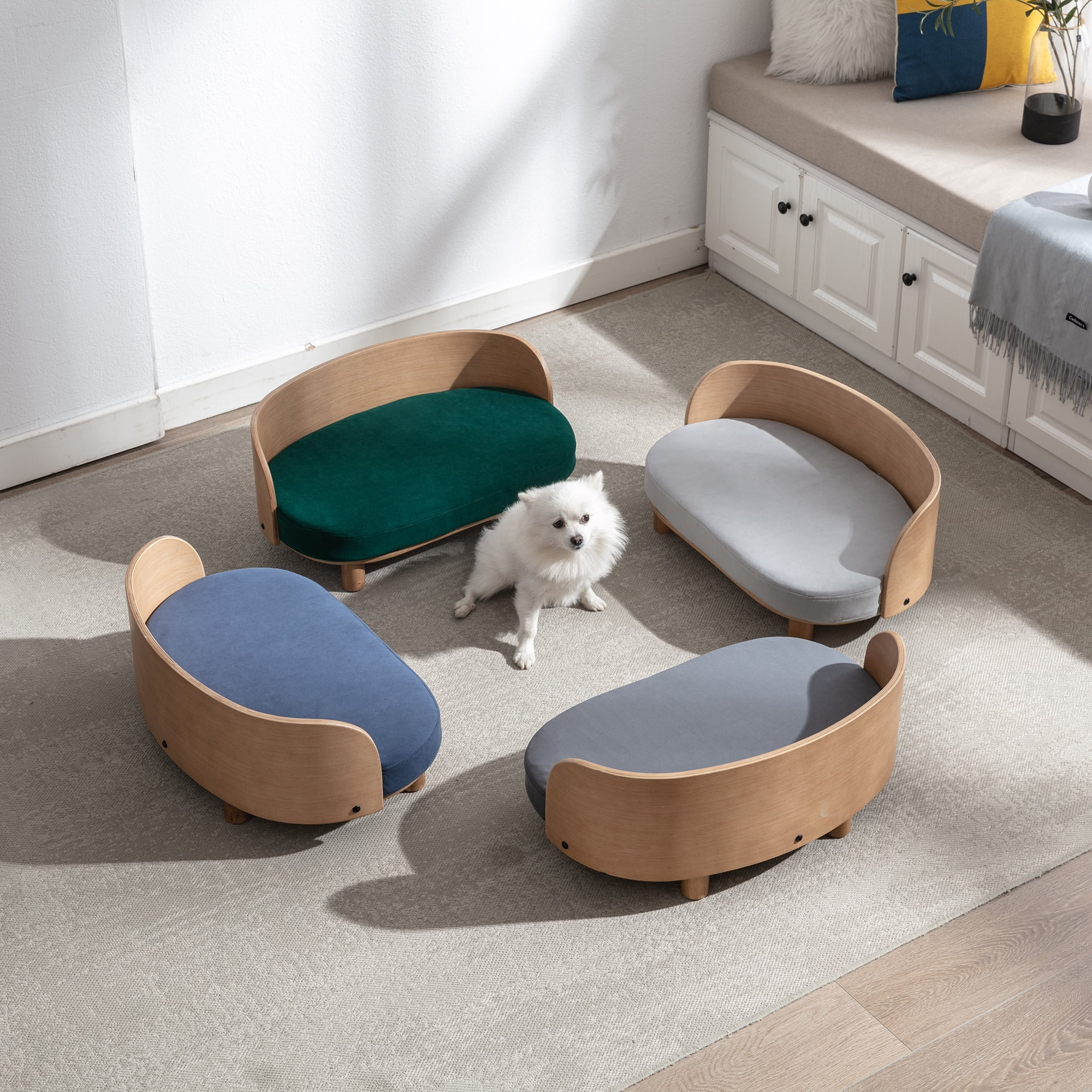 Pefilos 26" Modern Pet Sofa Dog Bed With Solid Wood legs and Bent Wood Back, Velvet Cushion, Walnut, Light Gray Pefilos 26" Modern Pet Sofa Dog Bed With Solid Wood legs and Bent Wood Back, Velvet Cushion, Walnut, Light Gray