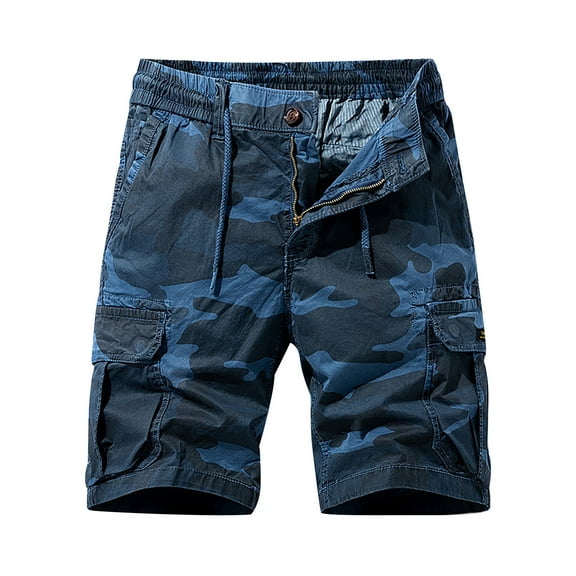 Mens Camo Cargo Shorts, Blue Pattern, Multi - Pockets, Summer Hiking & Outdoor Use