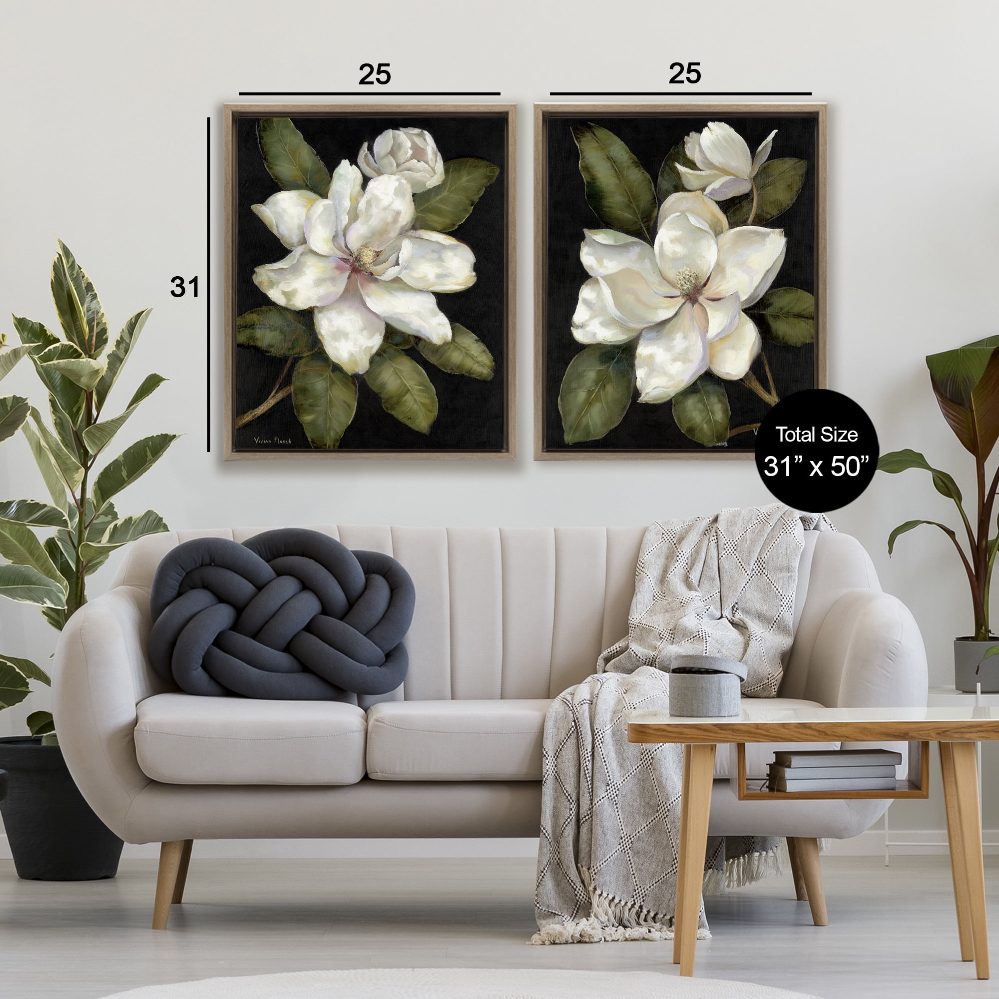 Stupell Industries Magnolia Buds & Blooms 2 Piece Brown Framed Floater Canvas Set, design by Nan