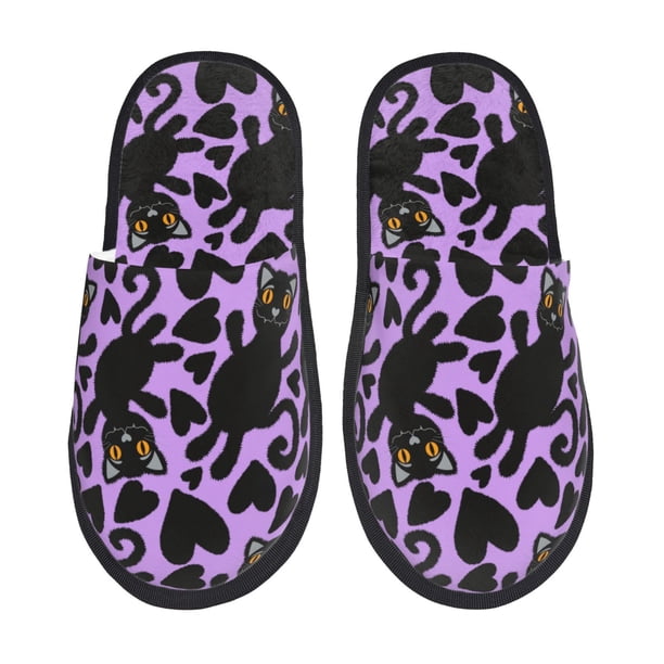 Fotbe Cartoon Black Cats Pantuflas Peludas para Mujer con Estampado, Zapatillas de Peluche, Zapatos de Invierno para Casa, Uso Interior y Exterior-Large