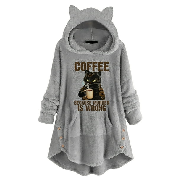 Sudadera con capucha y estampado gráfico de orejas de gato, informal, de manga larga, con bolsillo y capucha, para mujer