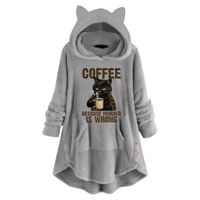 Sudadera con capucha y estampado gráfico de orejas de gato, informal, de manga larga, con bolsillo y capucha, para mujer