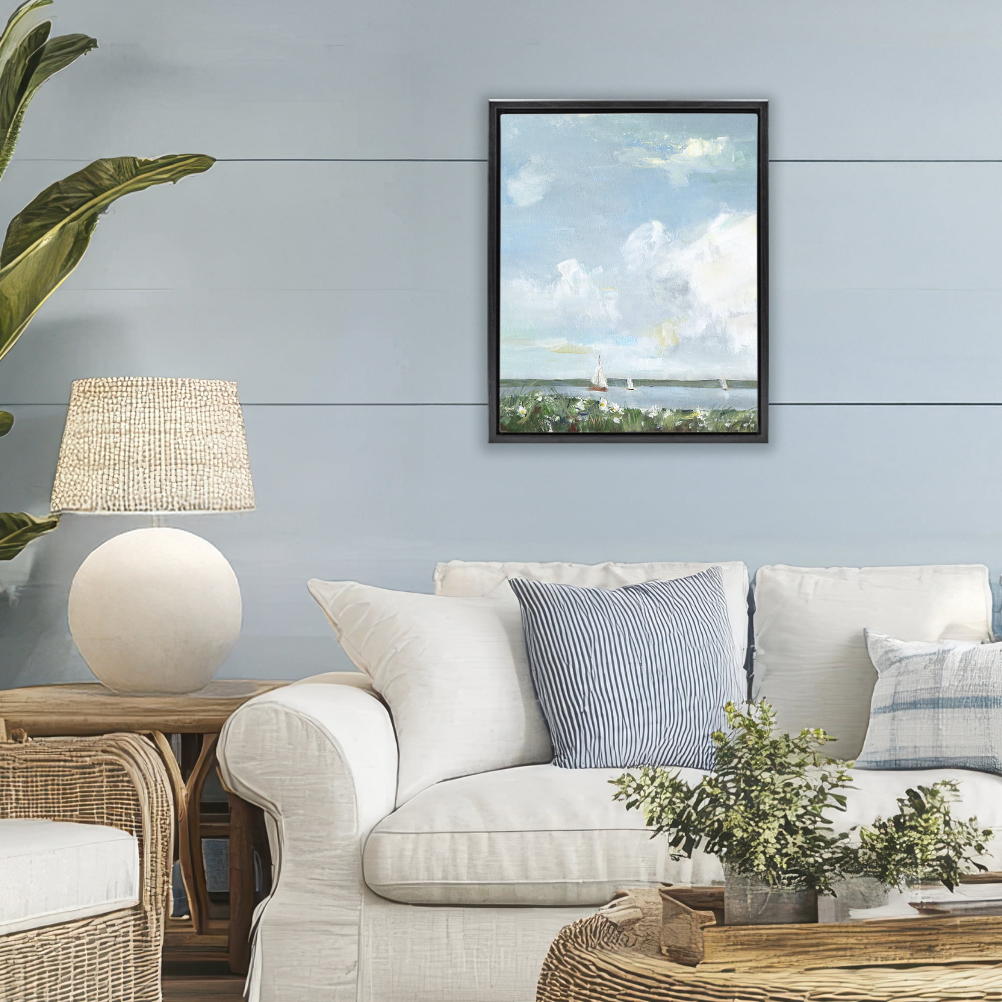 Stupell Industries Seaside Sailing Under Clouds Black Framed Floater Canvas Wall Art, design by Sally Swatland