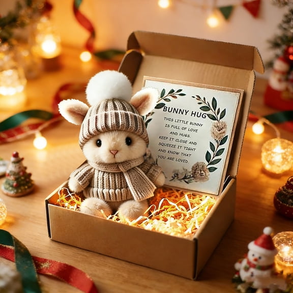 Handmade Mini Bunny Hug Cute Easter Gift, with Light & Inspirational Card, Easter Plush Soft Rabbit Pocket Toy, Stuffed Bunny Decor in Box, for Friends Family (1pc, B)