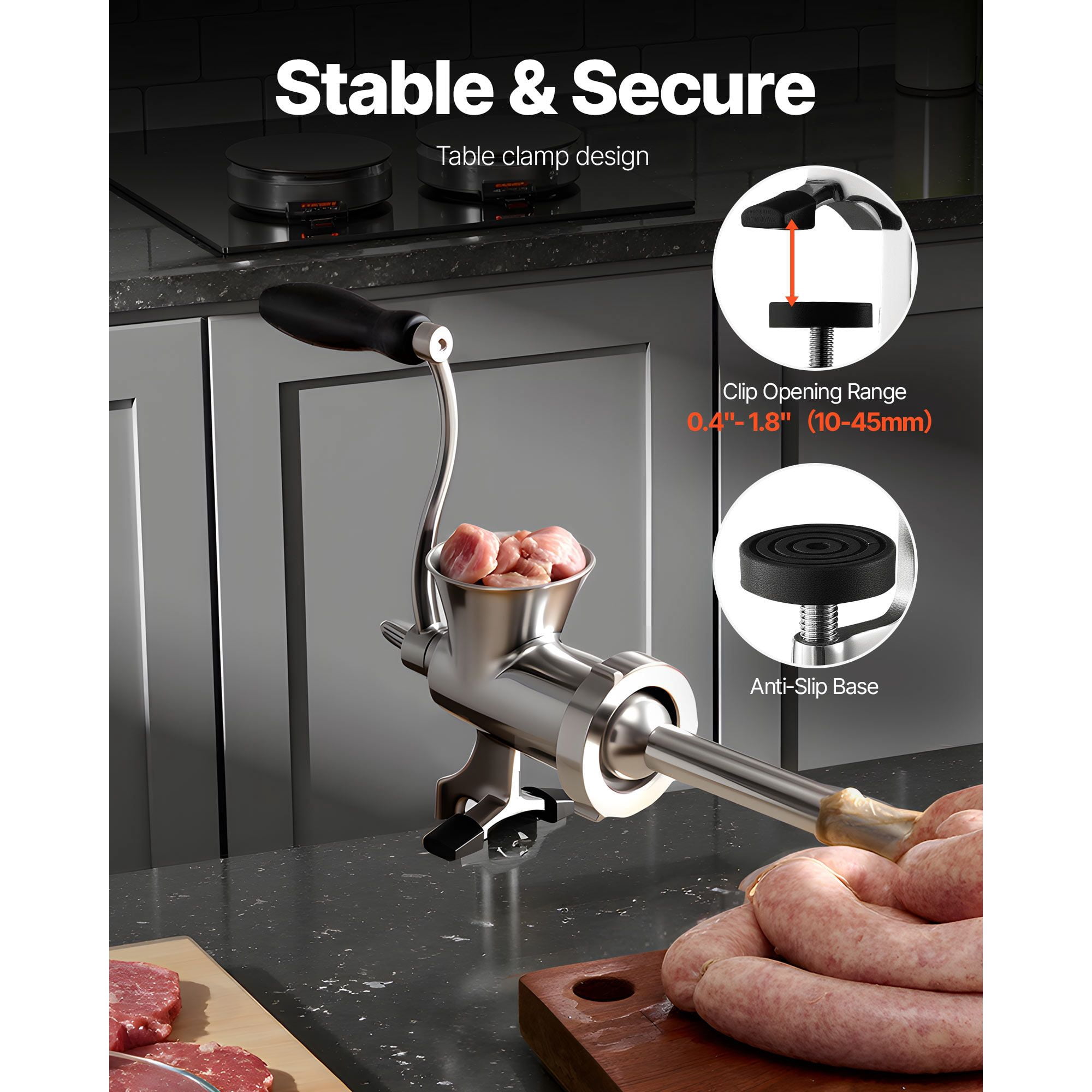 Manual Meat Grinder 304 Stainless Steel Table Clamp with Sausage Tubes for Kitchen Barbecue Camping