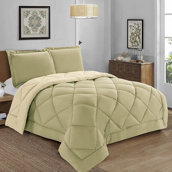 Elegant Comfort Reversible 3-Piece Comforter Set All Season, Ultra Soft, Down Alternative Comforter, 3PC Comf-KING, Sage/Cream
