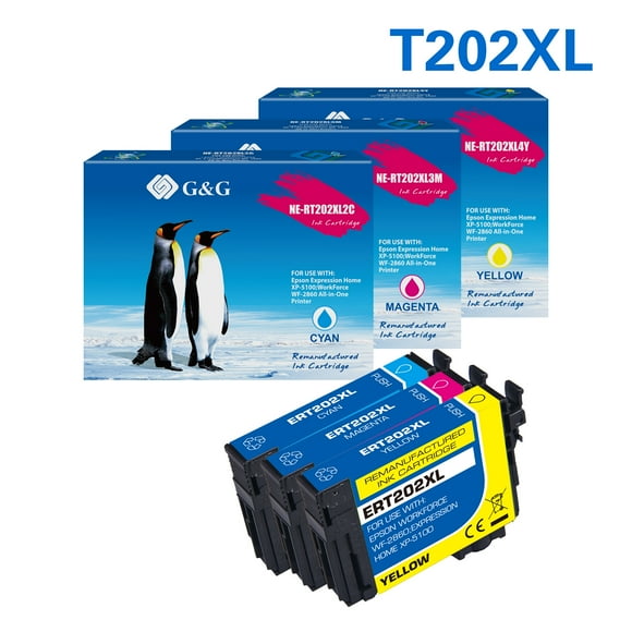 G&G 202XL Ink Cartridges T202XL 202 used for WorkForce WF-2860 Expression XP-5100 CMY 3-Pack