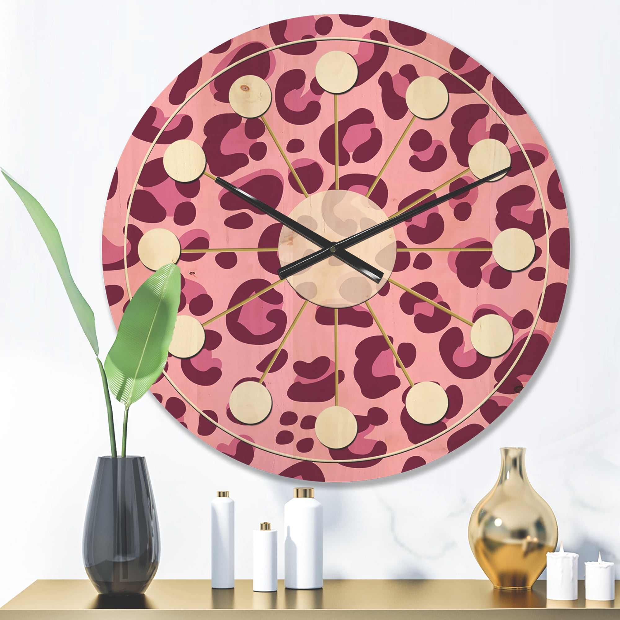 Designart 'Pink Leopard Pattern Retro' Mid-Century Modern Wood Wall Clock