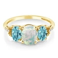 thumbnail image 2 of Gem Stone King 2.34 Cttw 10K Yellow Gold Oval Cabochon White Simulated Opal Blue Zircon and Diamond Accent 3-Stone Ring | Three Stone Wedding Anniversary Promise Ring for Women (Size 6.5), 2 of 4
