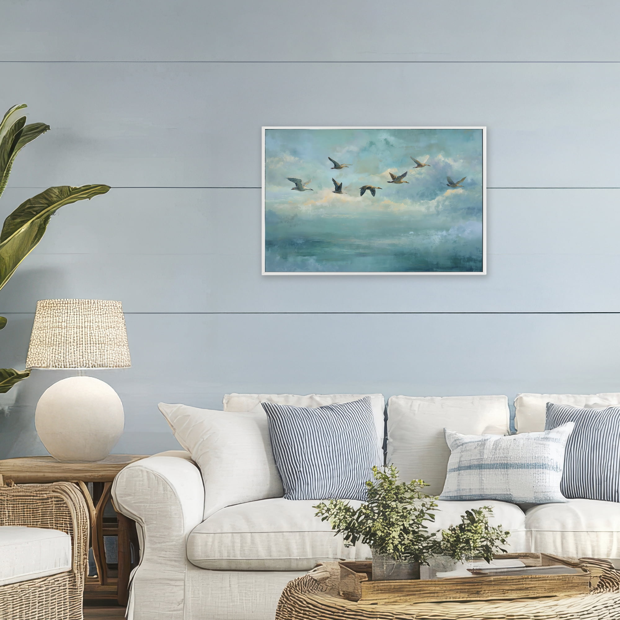 Stupell Industries Blue Skies Geese White Framed Giclee Art, design by Petal Prints Design