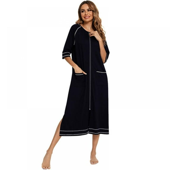 Zipper Front Housecoat Short Sleeve & Half Sleeve Zip Nightgown Long Houedress with Pockets(Black,S)
