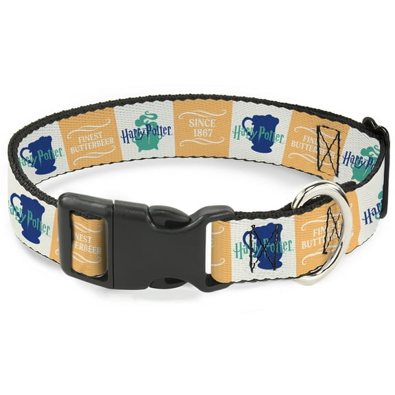 The Wizarding World of Harry Potter Pet Collar, Dog Collar Plastic Buckle, Harry Potter Finest Butterbeer Since 1867 Icons White Blues, 7 to 8.5 Inches 0.5 Inch Wide