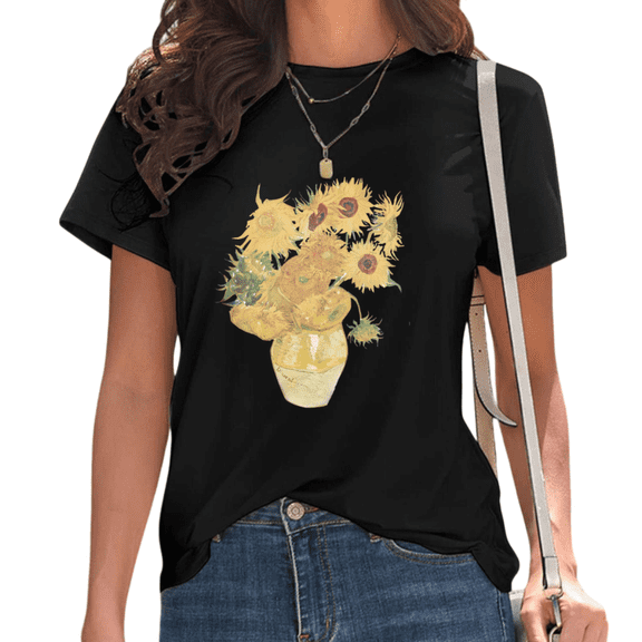 Womens Van Gogh Sunflower Print Tshirt Graphic Tees Shirts Black Casual Art Inspired Daily Wear Summer Vacation Tops S-5XL