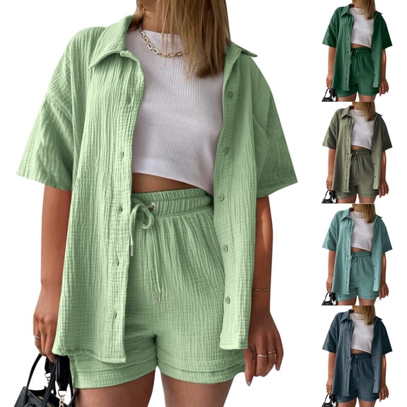 ibiyuan 2 Piece Short Sets for Women Summer Short Sleeve Button Down High Low Shirt and Shorts Casual Beach Vacation Set