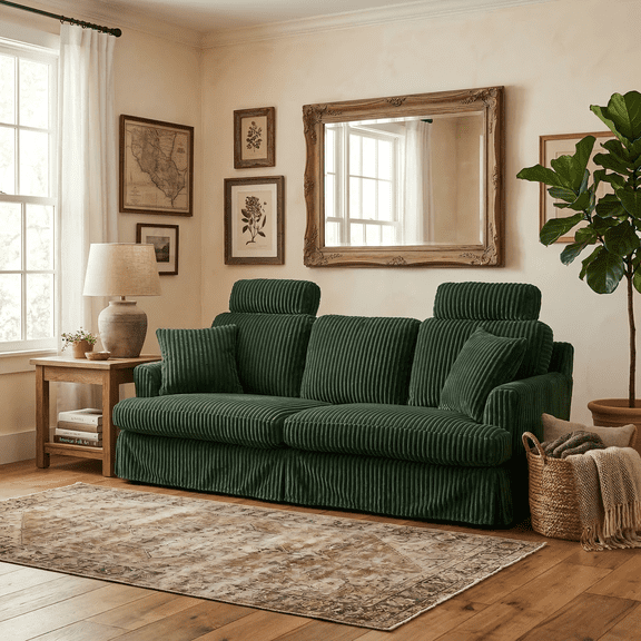 87.5" Corduroy Sofa Couch for Living Room, AAQZ 3 Seater Sofa in a Box, Headrest, 2 Pillows,Green